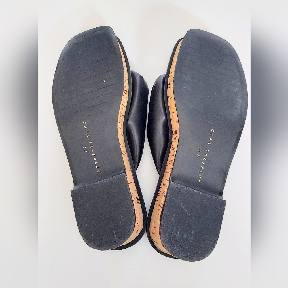 Zara Open Thong Sandal Clogs Cork Sole Black Shoes Size 37 - Picture 5 of 6